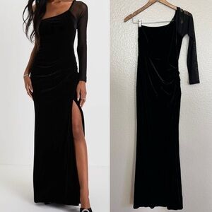 NWOT Lavish Style Black Velvet Mesh One-Shoulder Tulip Maxi Dress